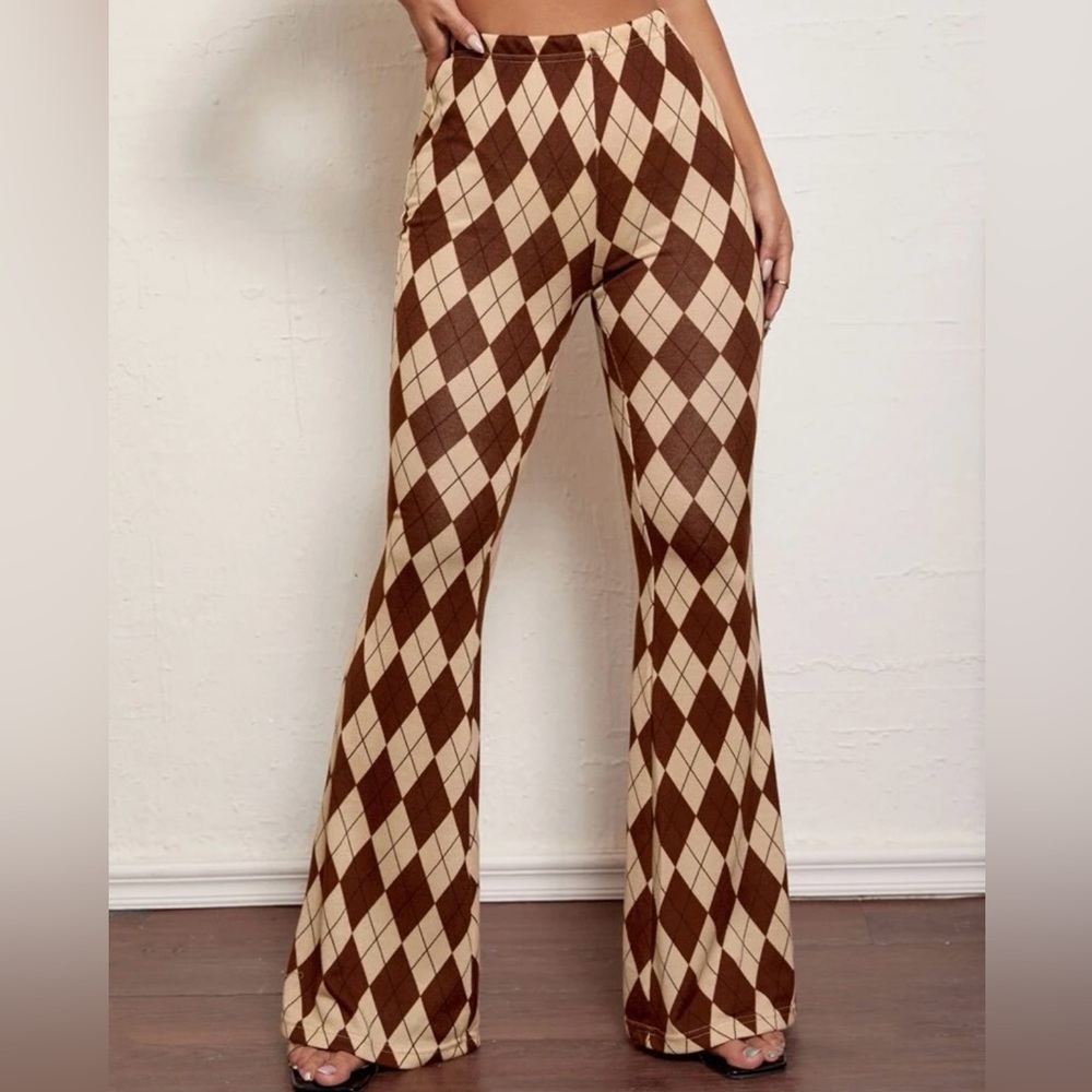 SHEIN High Waist Argyle Pattern Flare Leg Pants- size XS